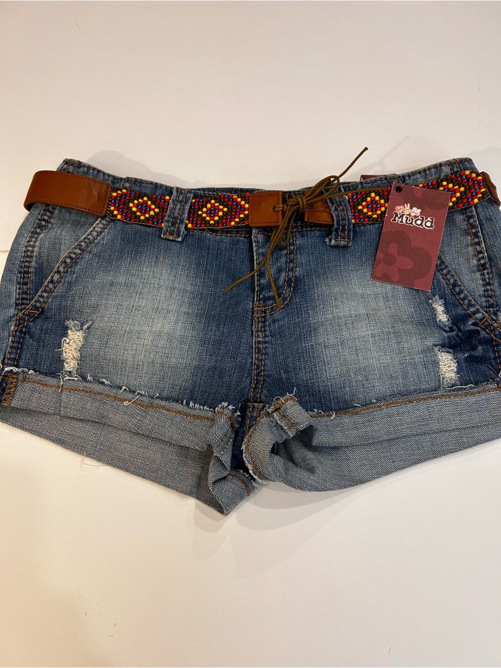 Mudd Blue Distressed Denim Rolled-Hem Shorts with Multicolor Beaded Belt